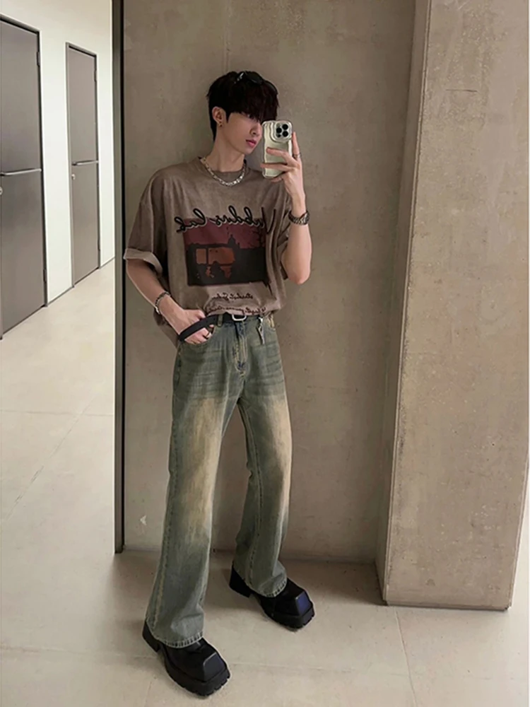 

American High Street Vibe Men's Slim Fit Straight Leg Jeans Trendy Worn-In Summer Thin Micro Flare Pants Youth ular