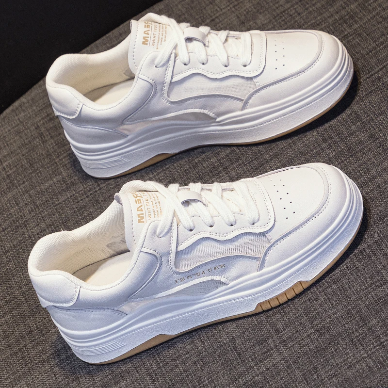 Leather Mesh Yarn Small White Shoes Women's Shoes 2023 New Soft Sole Sports Casual Shoes Vulcanized Shoes All Match Breathable
