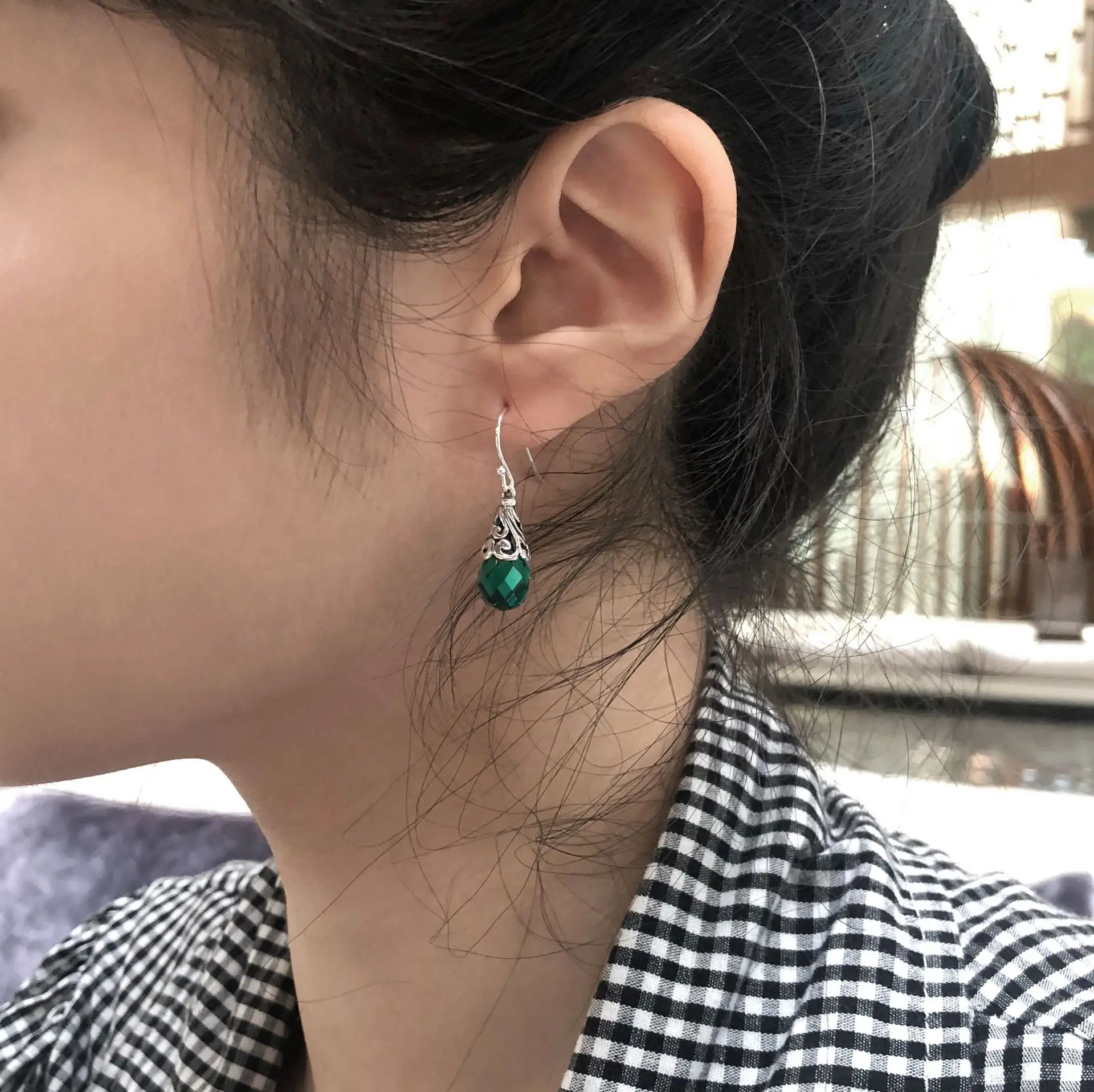 BOCAI 925 Sterling Silver Drop for Earrings for Women Retro Hollow Flowers Inlaid Tangent Plane Green Crystal Ear Drop  Jewelry