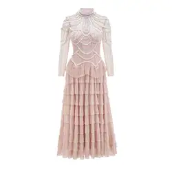 Luxury Banquet Evening Long Bridesmaid Wedding Dress Women Long Sleeve Beaded Pearls Diamonds Mesh Tulle Lace Vestidos Prom Robe