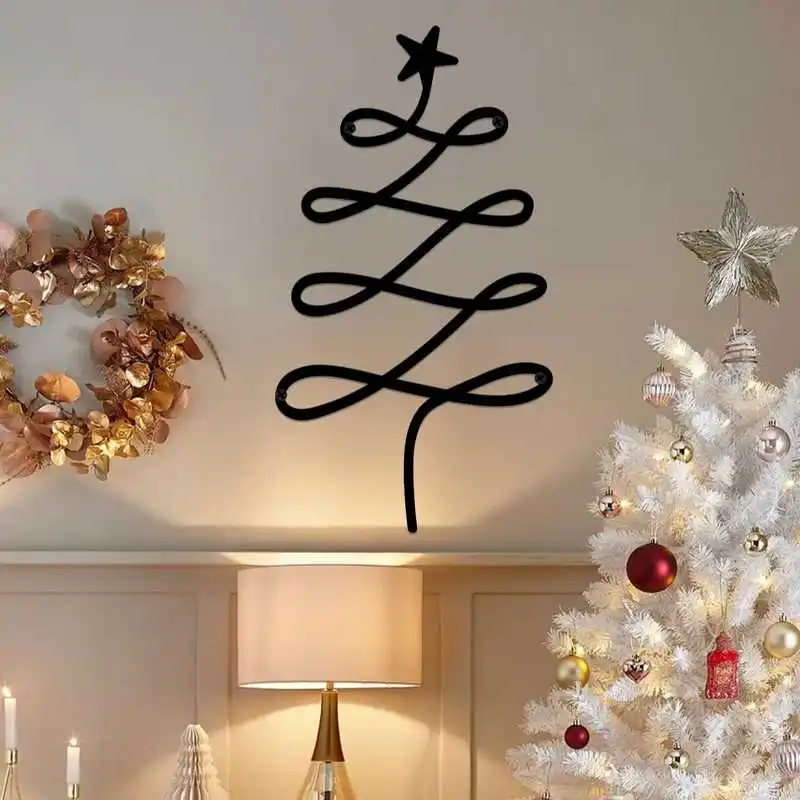 Minimalist Line Art Christmas Tree Iron Wall Decoration, Gold/Black, Suitable for All Wall Types, Christmas Decoration Gift
