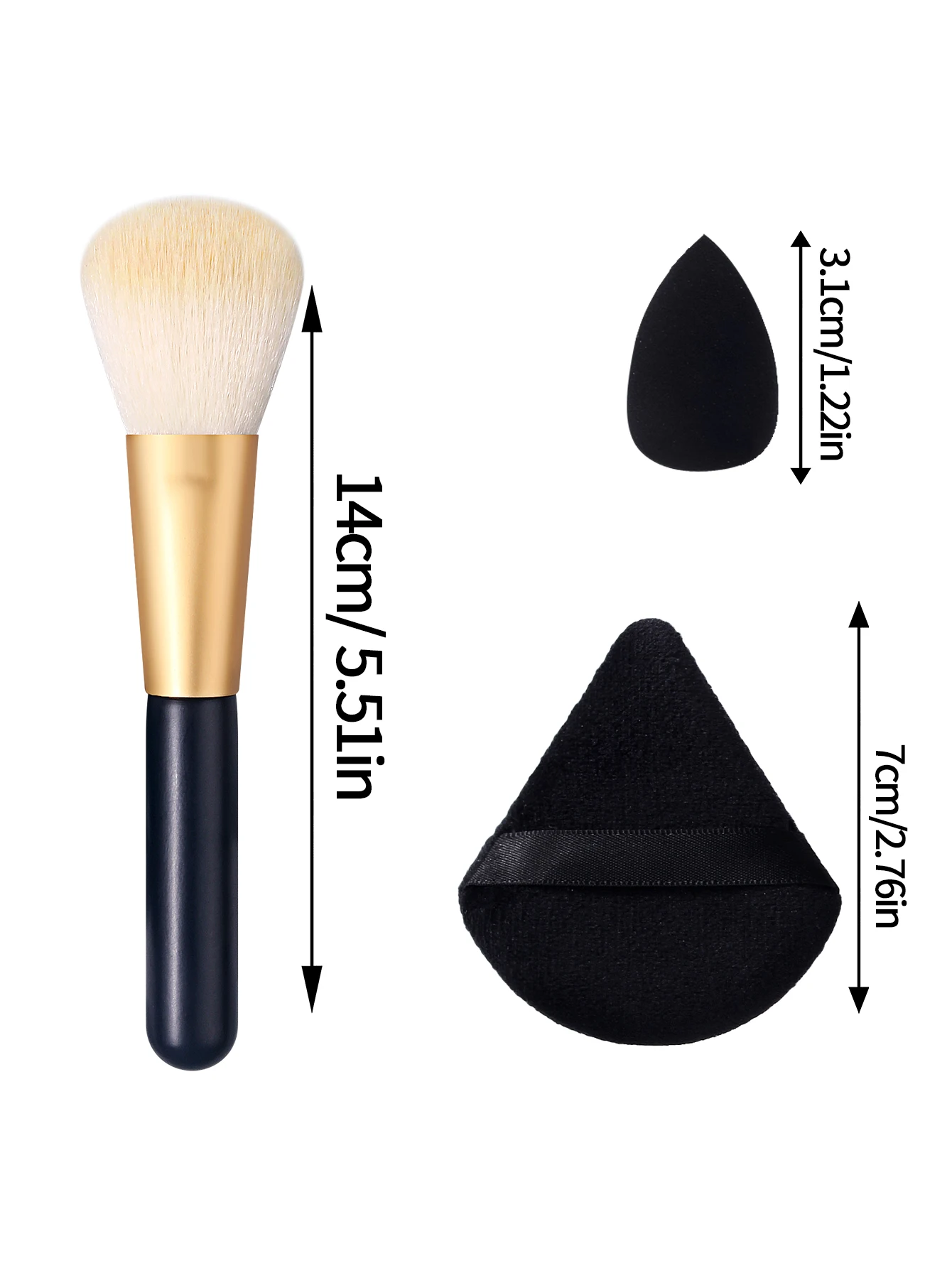 KOSSHOW 3-Piece Blush Brush and Makeup Puff Set Black