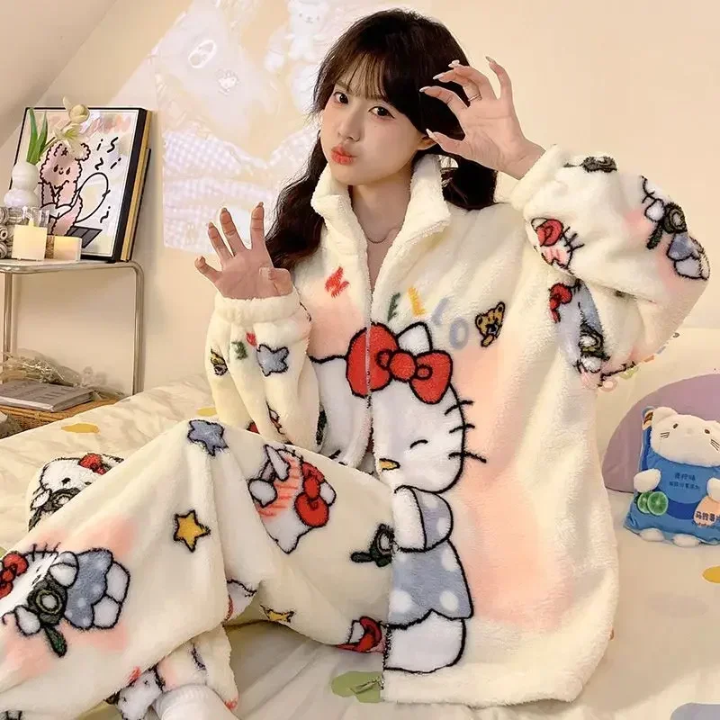 

Hello Kitty Anime MINISO Kawaii Ins Coral Velvet Pajamas Autumn Winter Cute Cartoon Kuromi Long Sleeve Coat Pants Set Gifts Toys