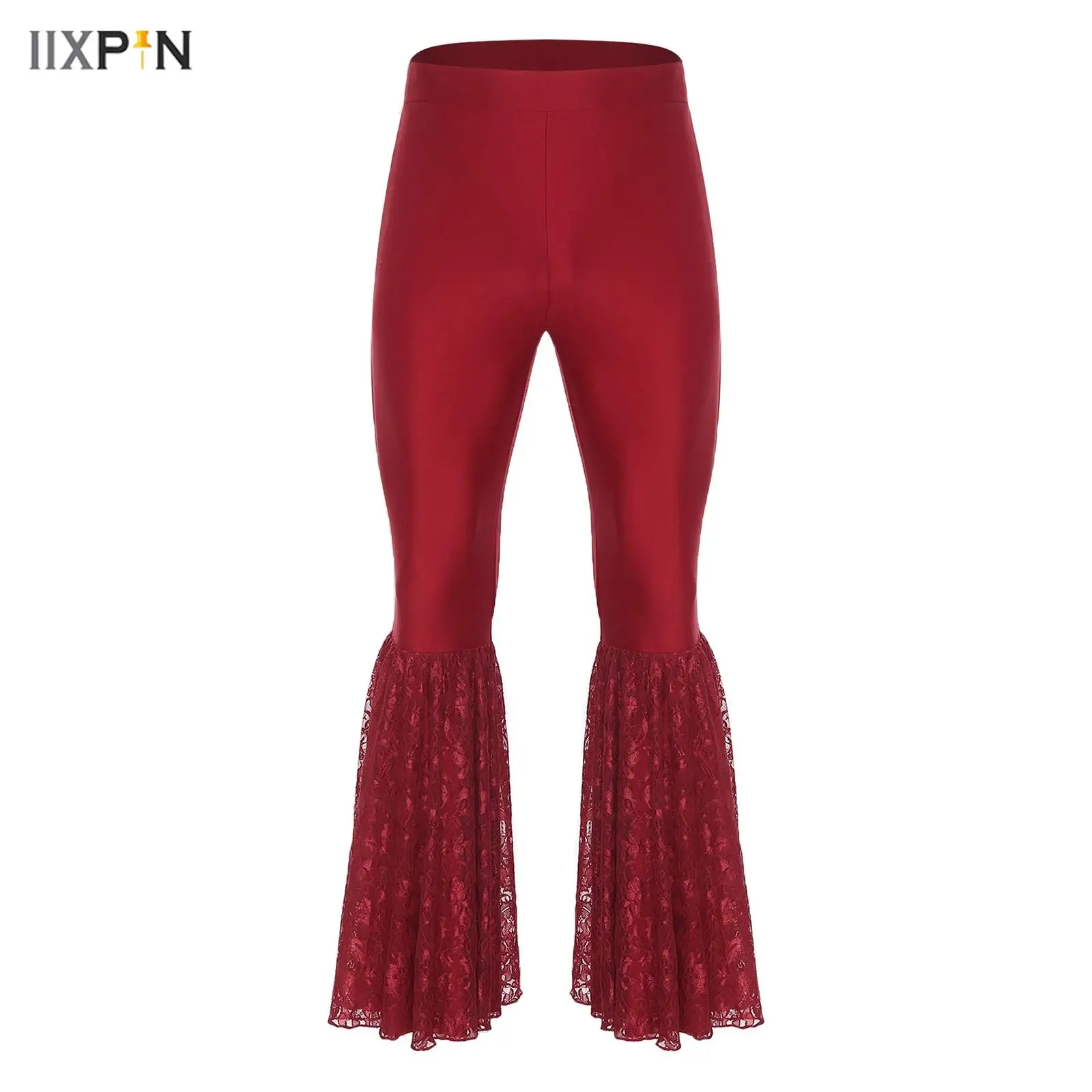 

Men Disco Latin Jazz Dance Pants Elastic Waistband Lace Patchwork Bell-Bottom Pants Flared Trousers for Halloween Theme Party