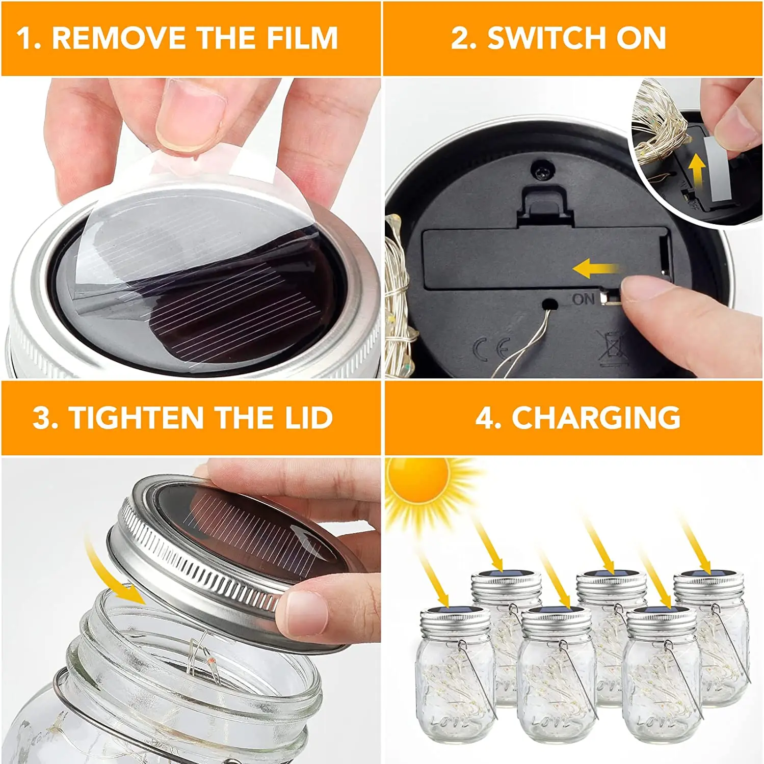 Solar Mason Jar Lights 20 LED Waterproof Fairy Firefly Jar Lid with Handles Lights For Patio Garden Wedding Decoration（No Jars）