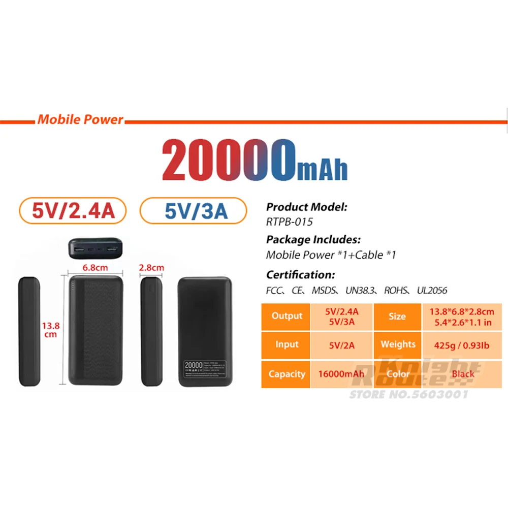 5/3A/20000mAh Power Bank Portable Charging Power Supply Mobile Phone External Battery Fast Charging, For Heated vest jacket