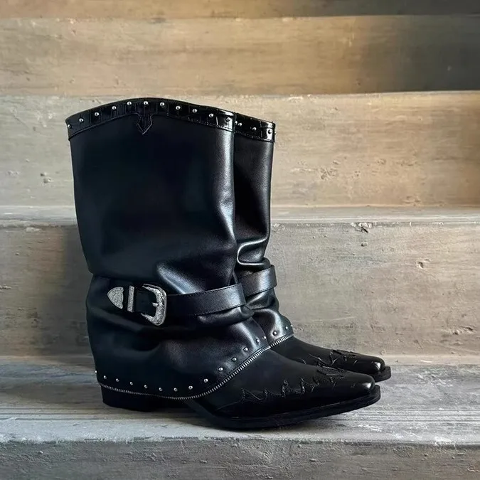 

Женские ботильоны из натуральной кожи с острым носком, короткие сапоги на каблуке, женская роскошная обувь с заклепками и пряжкой, вечерние Ladeis