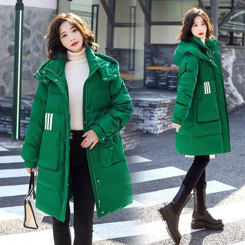 Fashion Hooded Shiny Down Cotton Jacket Women\'s Mid-length Korean Loose Female Outwear Thickened Warm Parka Coat