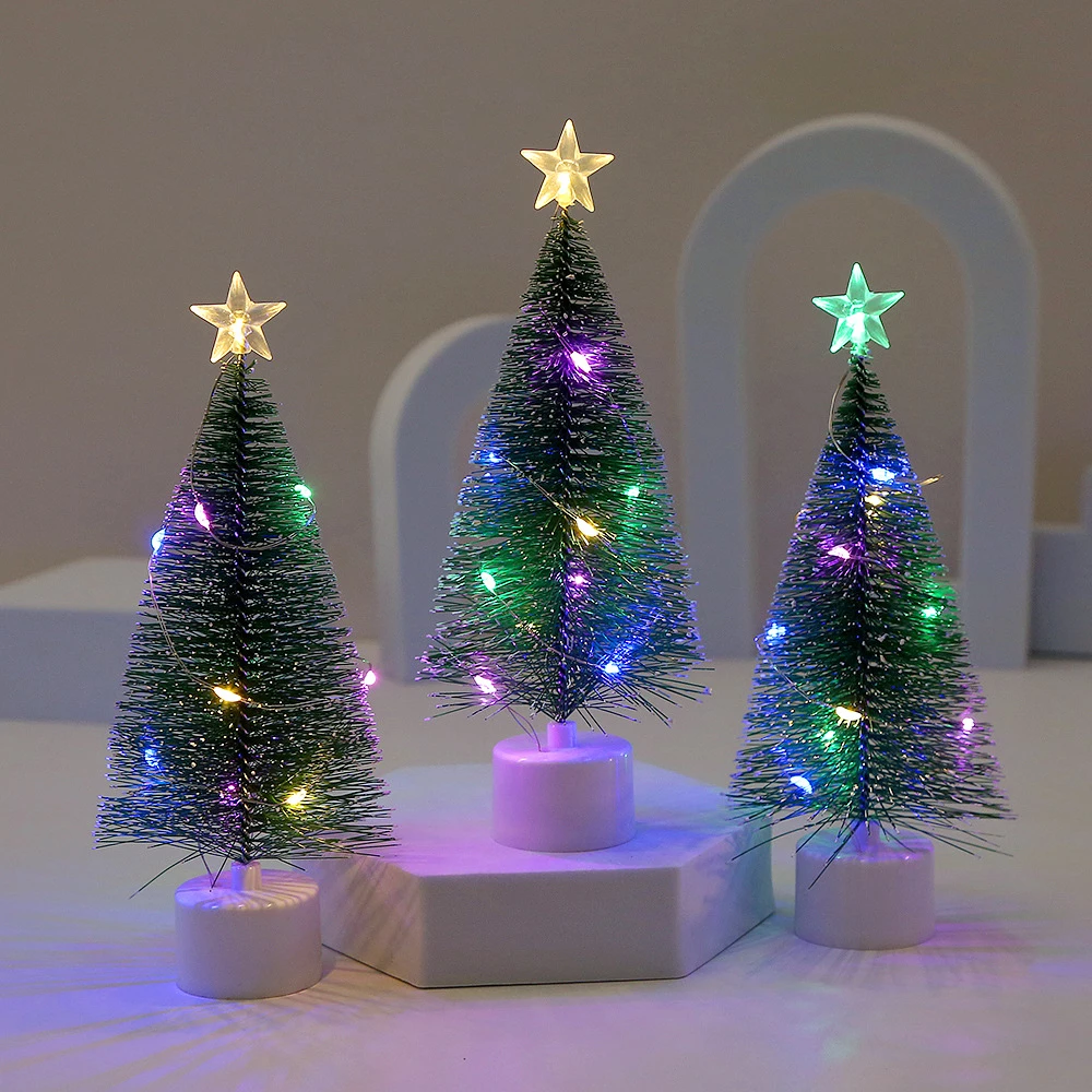 3pc Mini Artificial Christmas Tree with Colorful LED String Lights, Mini with Bases Pine Xmas Tree DIY Christmas Home Decor