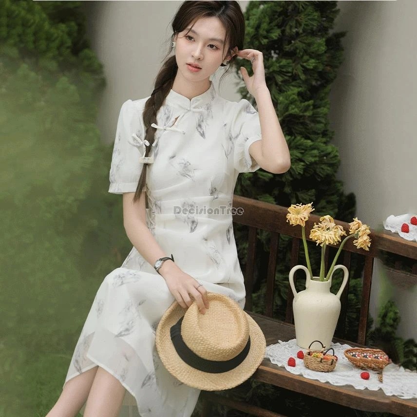 2024 new chinese style literature art qipao dress daily improved retro fairy gauze qipao sweet gentle temperament leisure dress