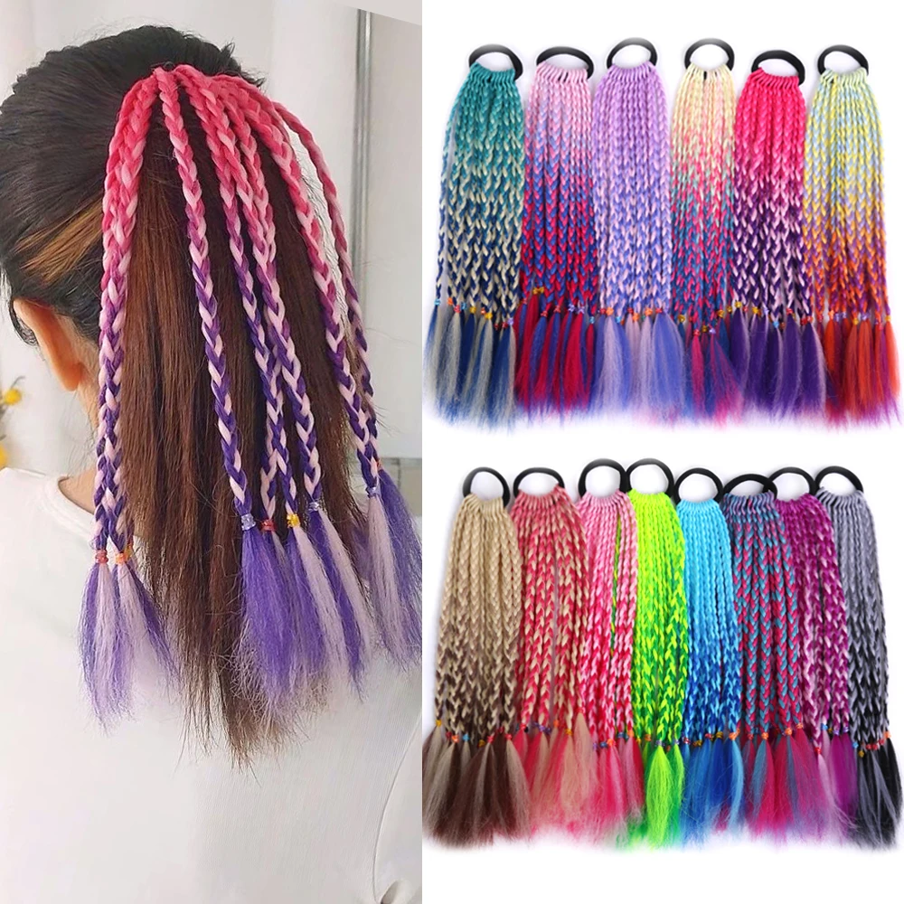 

Ponytail Chignon Synthetic Hair Extension With Rubber Ring Ombre Braid Hairpiece Hair 12 inch Rainbow Color Girls Party Hair Tie