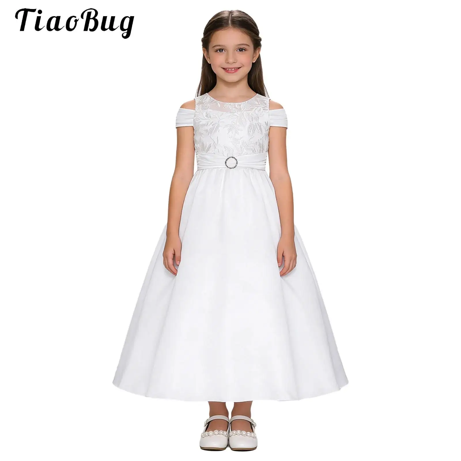 

Flower Girls Party Gowns Embroidered Lace Puff Princess Dress Kids Cold Shoulder Rhinestone Wedding A-line Dress Pageant Dresses