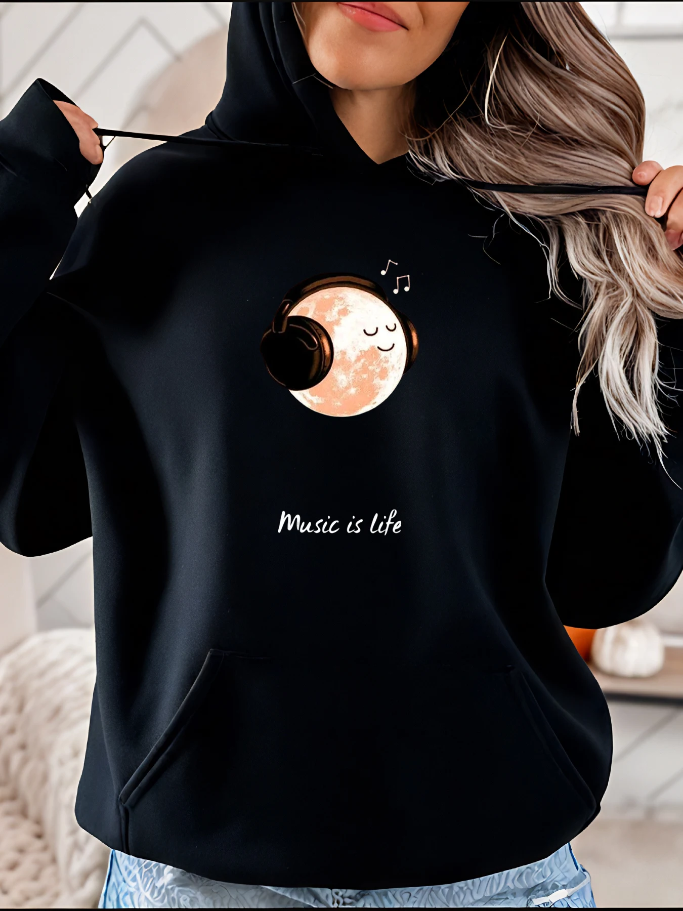 Music is Life パーカー ムーン ヘッドフォン付き プリント カジュアル スウェットシャツ レディース ファッション ストリートウェア 280