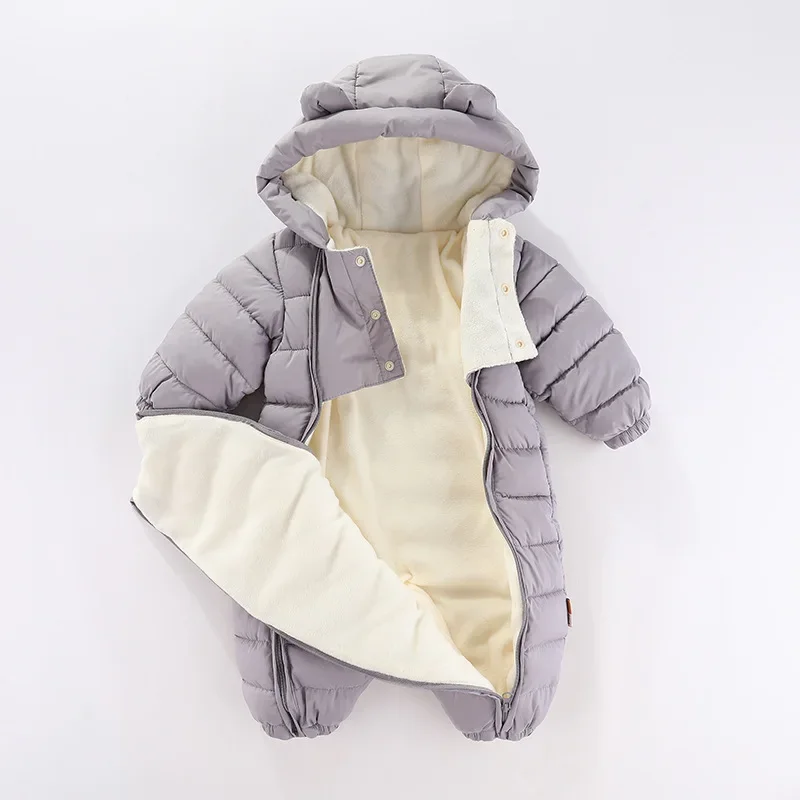 2024 New Winter Baby Hooded  Jumpsuit 0-2 Y Infant Cute Solid Color Fur Lining Romper Toddler Add Fleece Outwear Baby Clothes