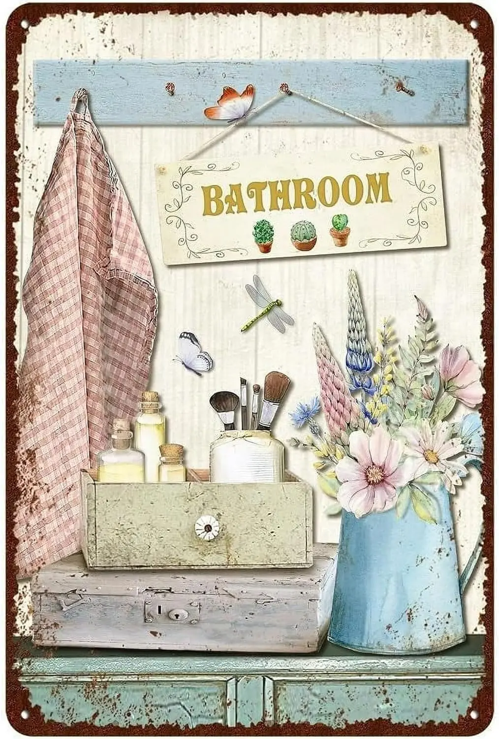 Vintage Bathroom Metal Tin Signs, Rustic Flower Farmhouse Bathroom Decor Wall Art Bathroom Toilet Wall Decoration 8x12 Inch (Col