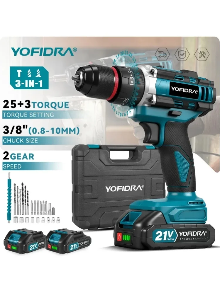 YOFIDRA 3 W 1 25+3 Biegów Elektryczna Wiertarka Udarowa Bezprzewodowa Wiertarka Udarowa Narzędzie Elektryczne do Obróbki Drewna do Użytku Domowego na Baterię Makita — 2