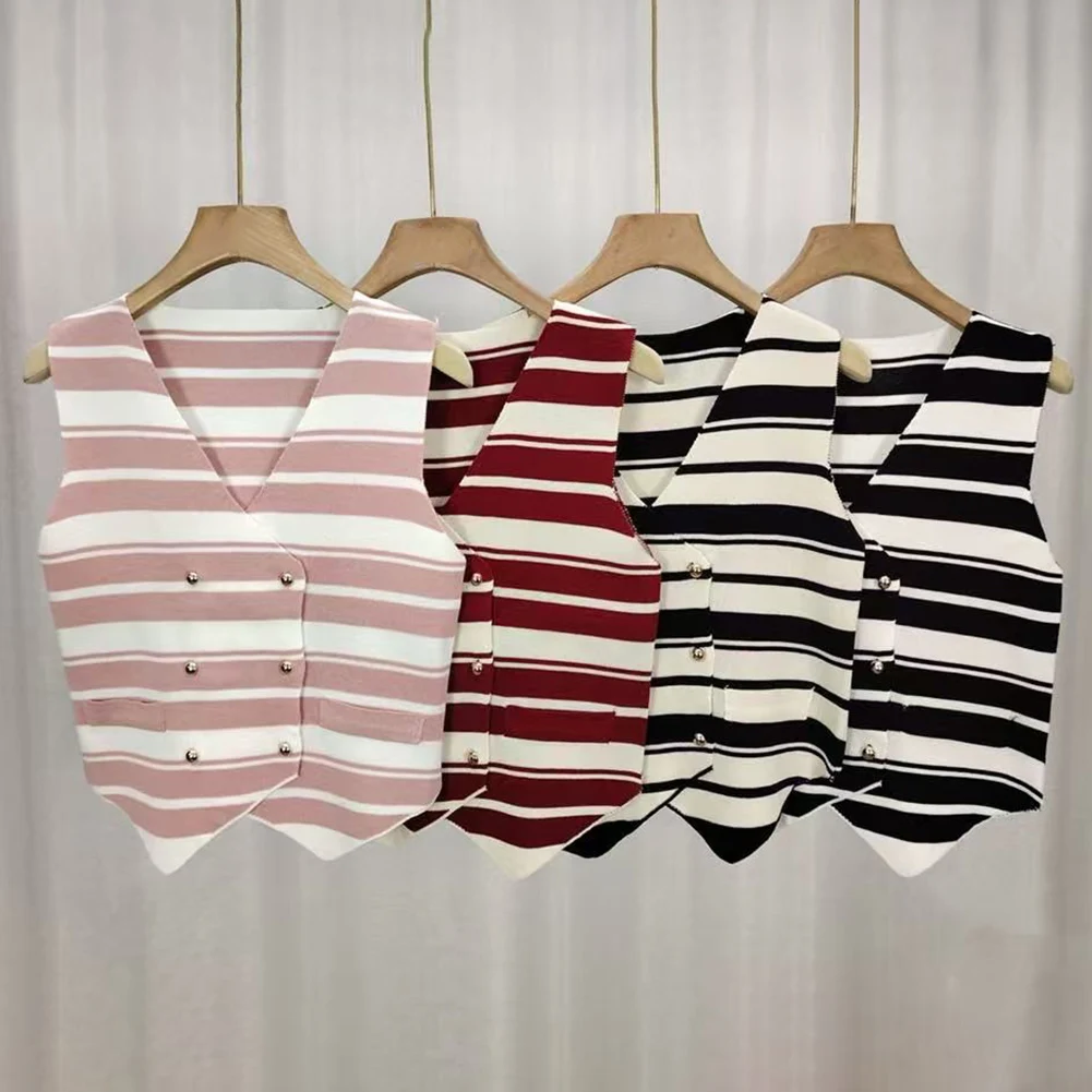 Women Tanks Knitted Stripe Vest Crop Top Double-breasted Tunic Sexy Y2k Camisole  Simple Casual Fashion Female Waistcoat