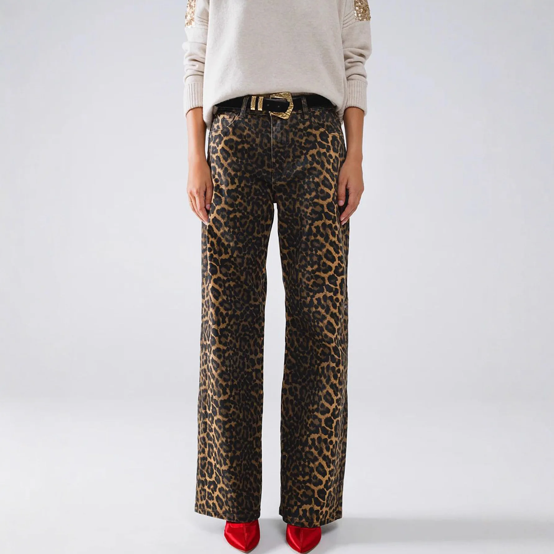 

Leopard Print High Waist Wide Leg Pants Casual Straight Leg Trousers