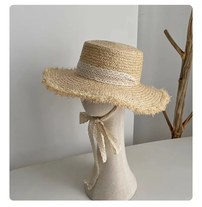 Flat Natural Raffia Straw Hat Women\'s Summer 2024 New Korean Version Ins Small Fresh French Lace Seaside Beach Hat