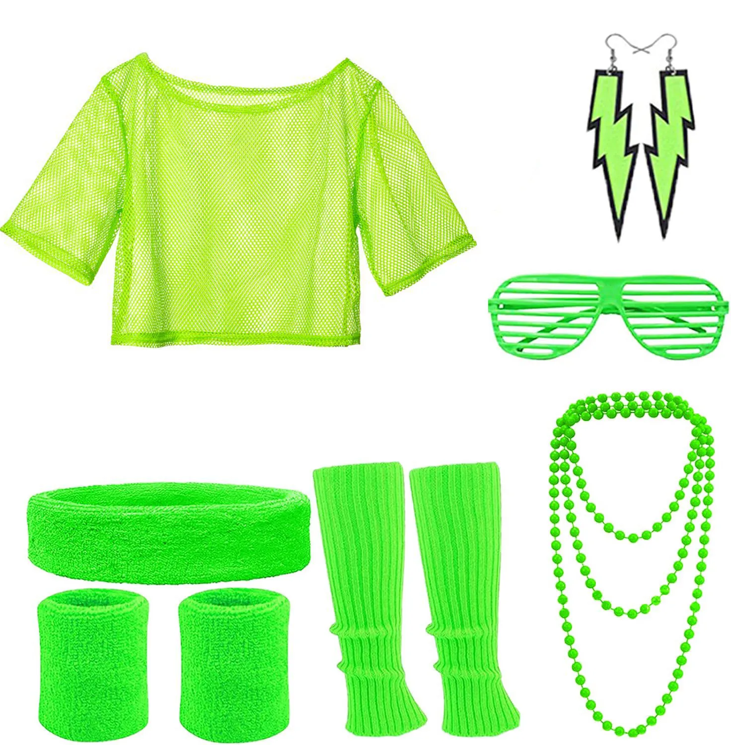 1980s Party Dance Costume Set | Fishnet T-Shirt, Ankle Warmers & Sports Headband (Retro Accessory Bundle)