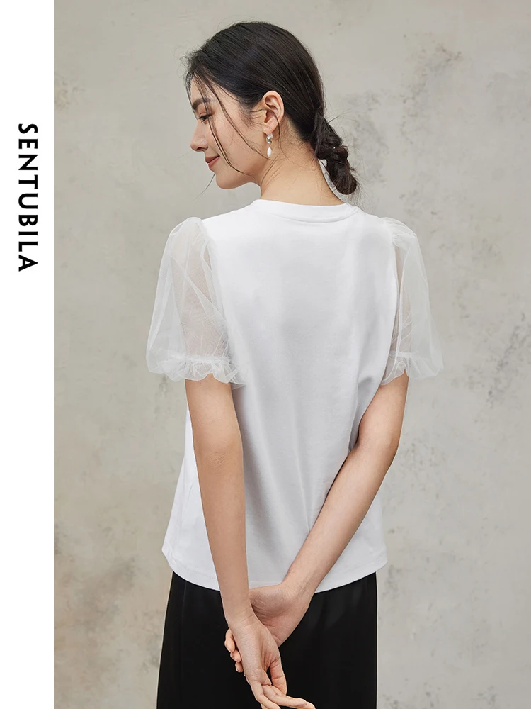 SENTUBILA Chinese Style Cotton 100% T-shirts Woman 2025 Summer Mesh Puff Sleeve Spliced Round Neck Pullovers Tops 142T54449