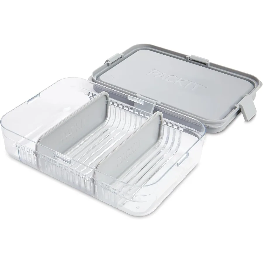 PackIt Mod Lunch Bento Contenedor de almacenamiento de alimentos Acero Gris Inastillable Base transparente con divisores y tapa resistentes a fugas Mi