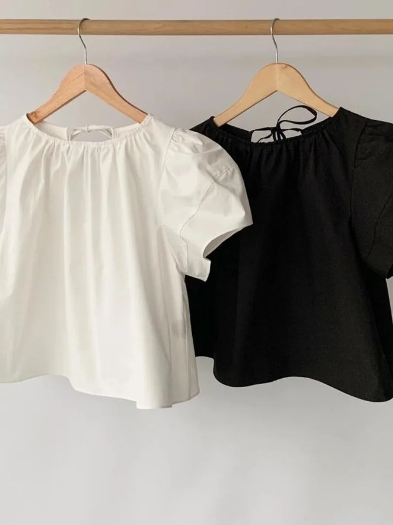 

Summer New Women's Loose ort Sve irt with Ba Hollow out Bow Tie Pleated Casual Faion Top Quali Material