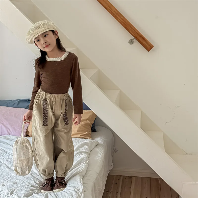 

Childrens Pants 2026 Spring New Korean Embroidery Harem Pants Casual Daily Stylish Versatile and Simple Wear