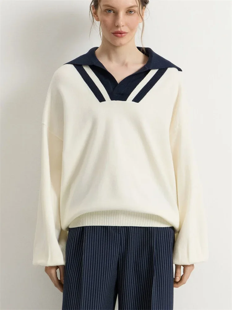 

Fashion Lapel Contrast Fashion Women Knitwear Pullover Autumn Elegantcommute Inner Chicly Sweater Female Tops Pullovers