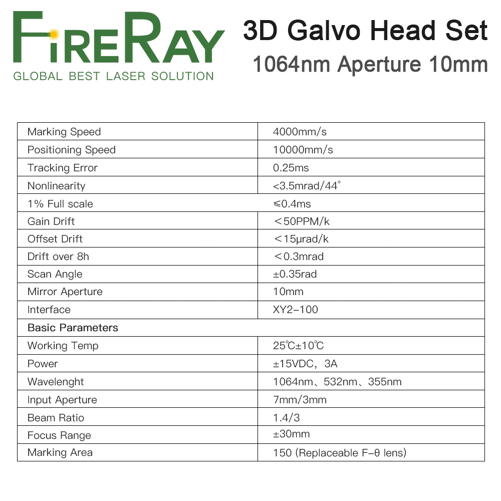 FireRay 1064nm Cost-Effective 3D Galvo Scanner Aperture 10mm 15VDC Galvo Head Set for 3D Fiber Laser Marking Machine