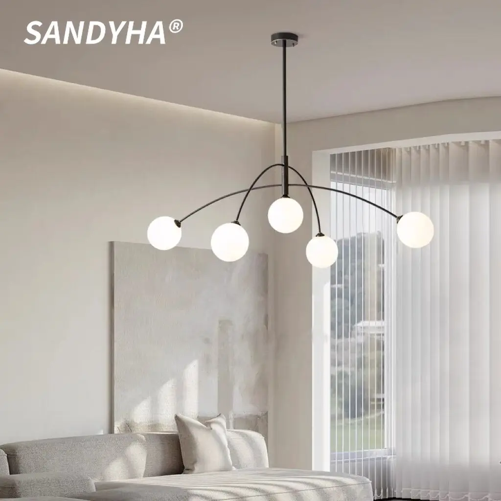 

SANDYHA Luxury LED Pendant Lights Modern Minimalist Chandeliers with Milky White Glass Ball For Living Room Bedroom Home Decor