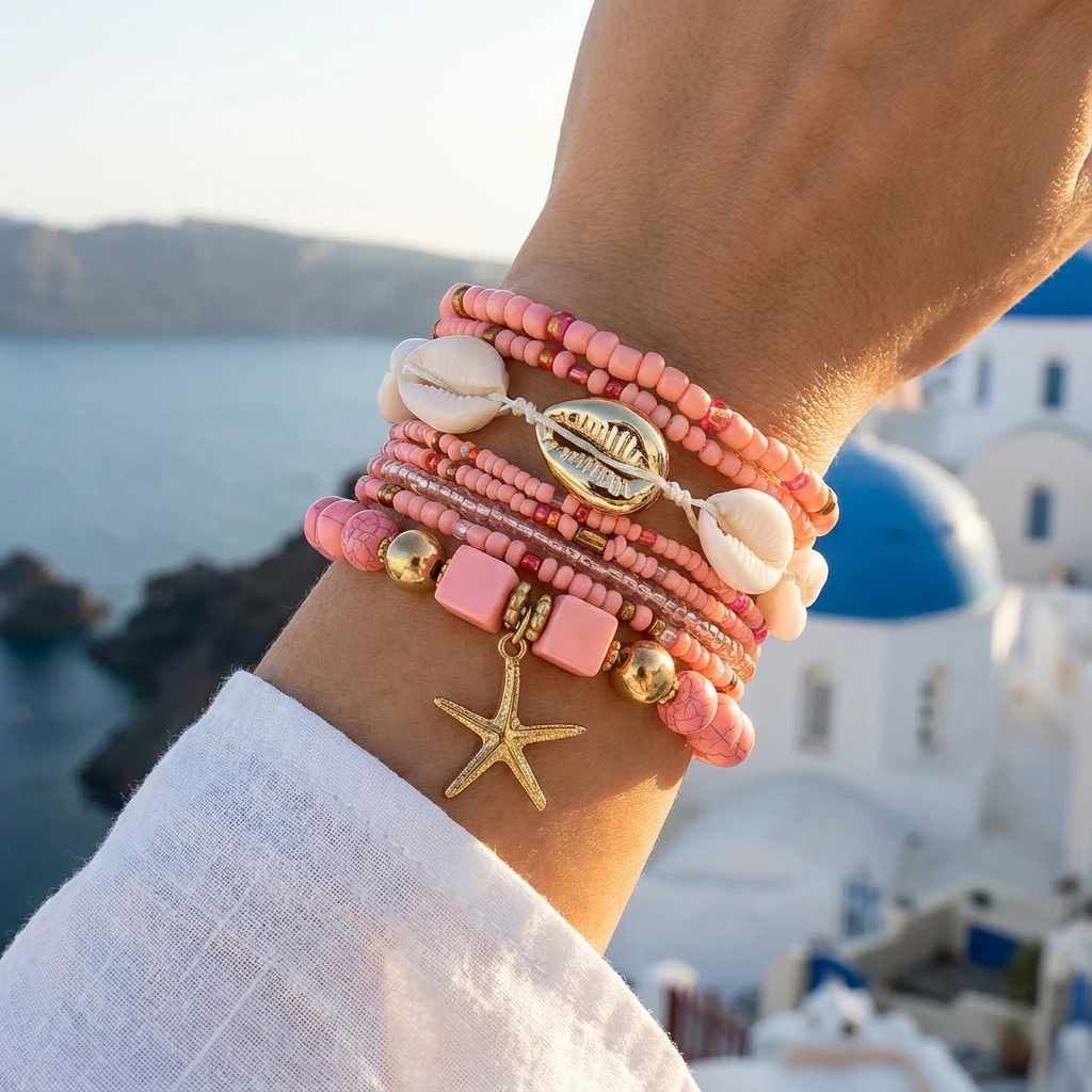 Bohemian Shell Starfish Beads Elastic Bracelet Set for Women Colorful Resin Conch Layered Bracelet Summer Party Jewelry Gift view 3