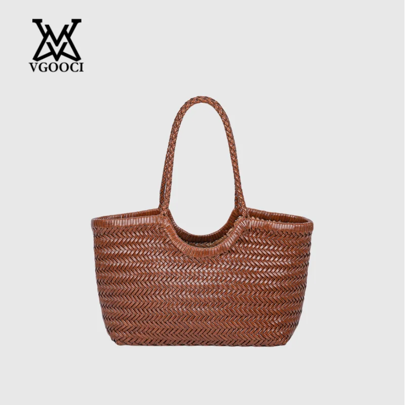 VGOOCI 여성용 빈티지 핸드 니트 디자이너 스플릿 가죽 대형 숄더 백 우아한 핸들 여성 토트 럭셔리 브랜드 핸드백