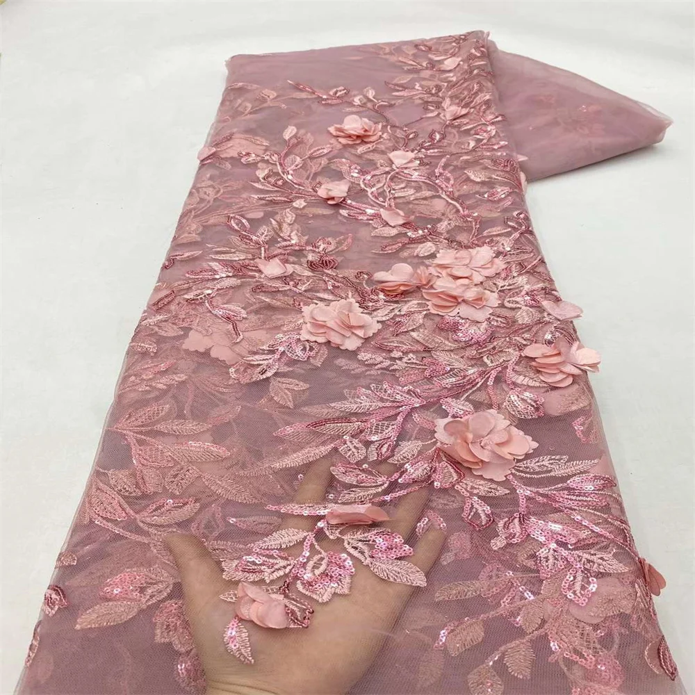 3D Flower African Sequins Lace Fabric 2024 High Quality Tulle Lace French Nigerian Net Lace Fabric For Sewing Wedding Dress