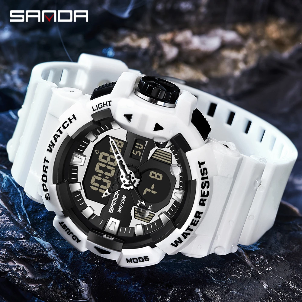 SANDA 2024 New Men\'s Watches Dual Display Watch 50M Waterproof Sports Military Quartz Wristwatch Clock Relogio Masculino 3129