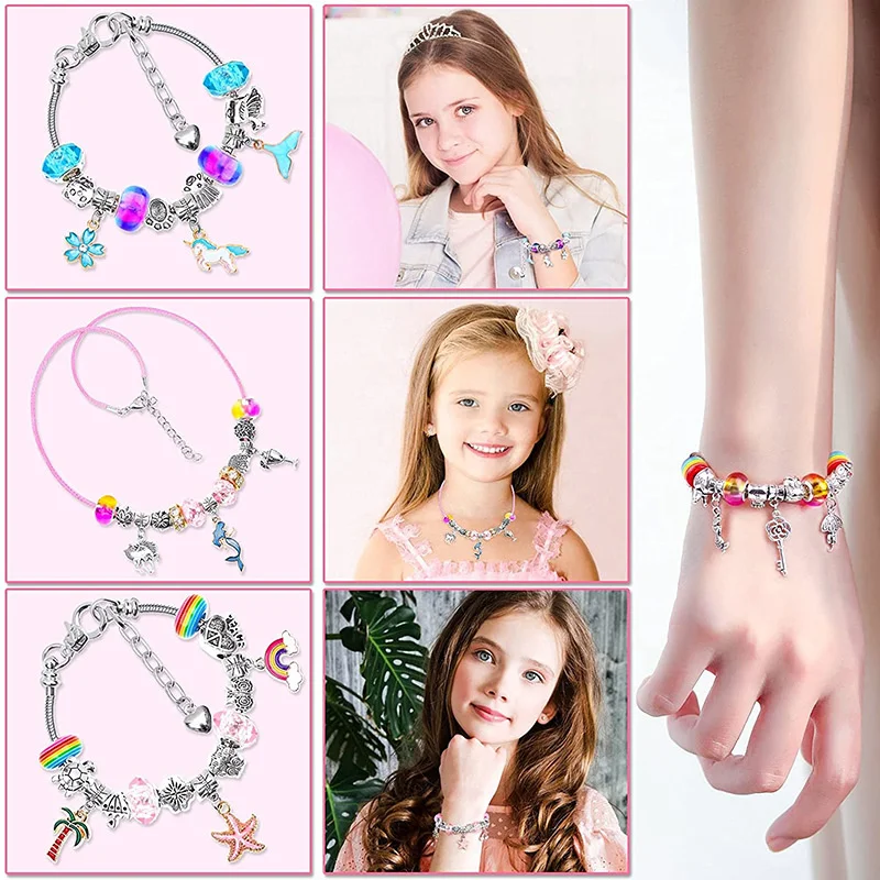 Diy frisado pulseira artesanal brinquedos para a menina 6-13 ano charme jóias fazendo kit europeu usar grânulo colar crianças presente de aniversário