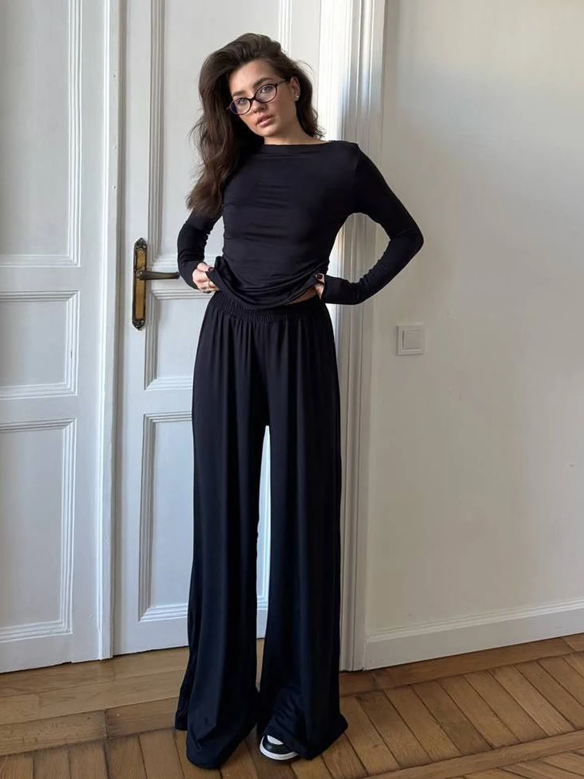 Marthaqiqi Home Clothes Female Long Sleeve Nightgowns Crop Top Pajamas O-Neck Nightwear Pants Casual Women Sleepwear 2 Piece Set