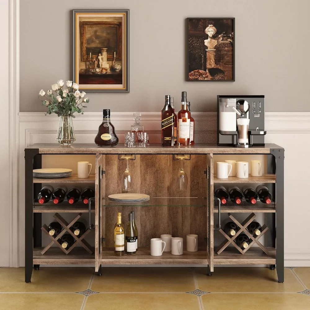 58" Wine Bar Cabinet with Wine Rack Storage,Home Bar for Liquor and Glasses