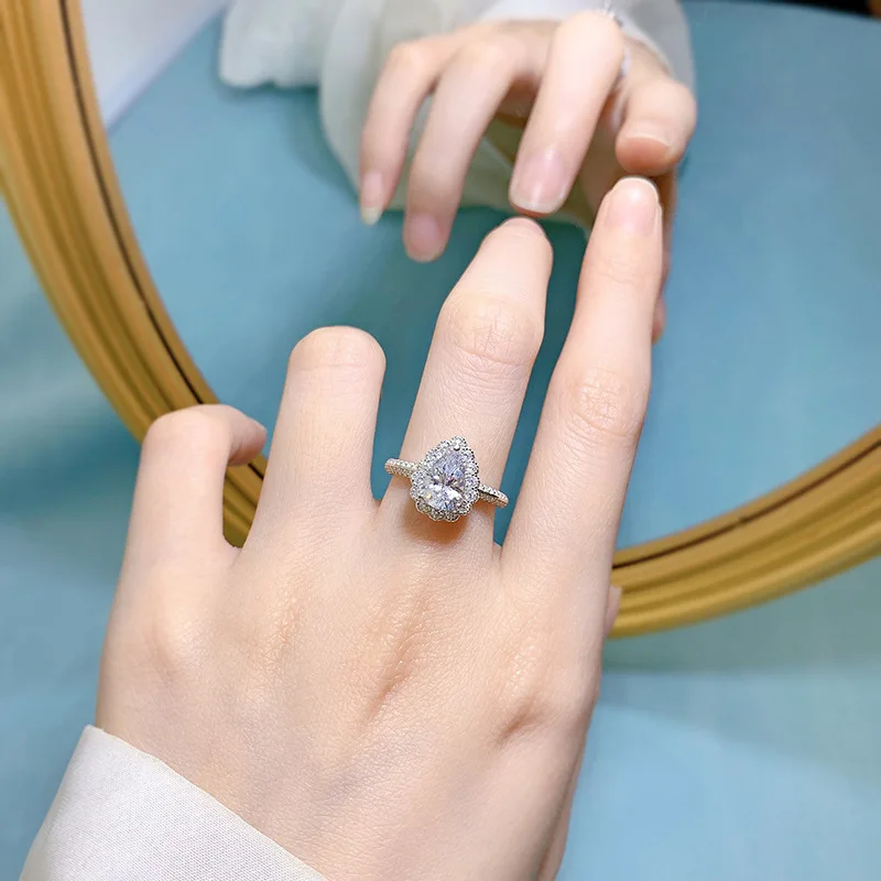 2023 New S925 Silver Pear 6 * 9 Water Drop Ring Women's European and American Diamond Ring Wedding Ring Ring Ring