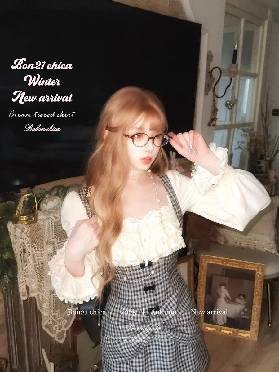 

Princess sweet lolita dress bobon21 Girl artist bow plaid wool suspender skirt back skirt pericardium hip dress D2424