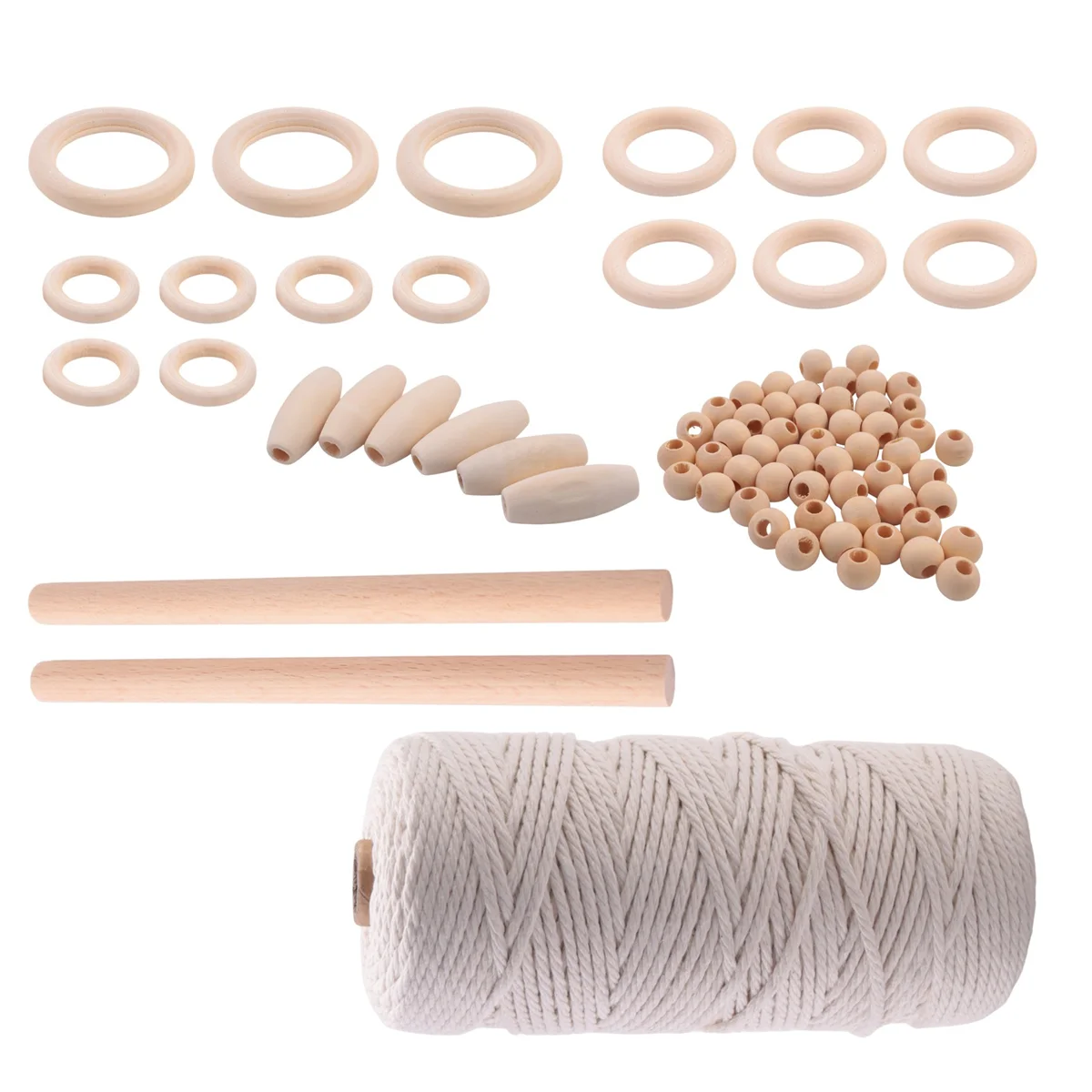 

A32P_Macrame Cord Natural Cotton Rope 3mm with Wood Ring Wood Stick for DIY Teether Macrame Kit Wall Hanging Plant Hanger