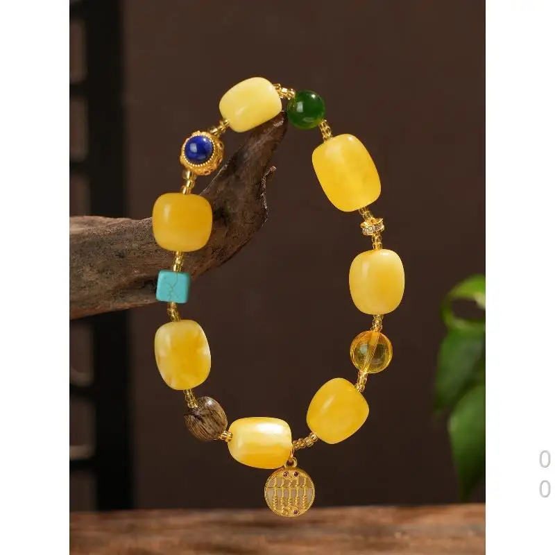 Honey amber white flower wax irregular-shaped with 925 abacus pendant   multi-treasure versatile bracelet
