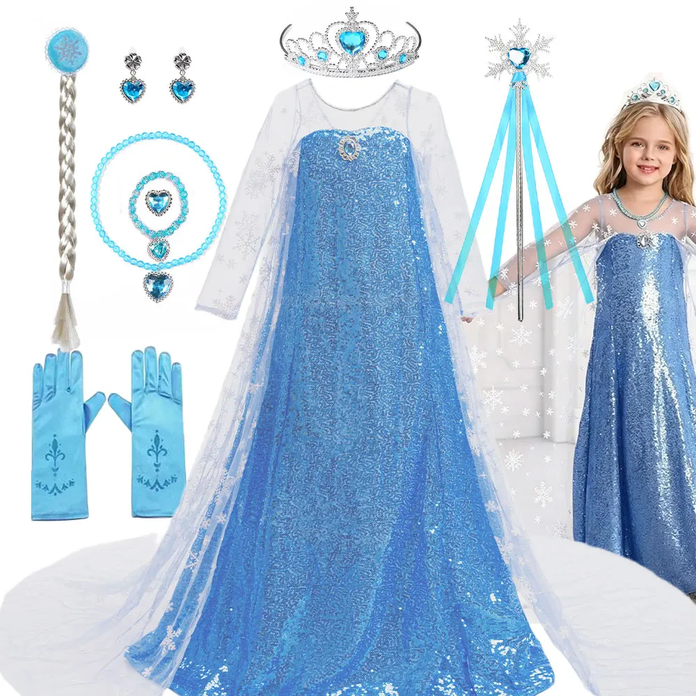 Toddler Shimmering Elsa Maxi Dress Elegant Princess Snow Costume Blue Sequins Embellished Christmas Carnival Royal Frocks Party