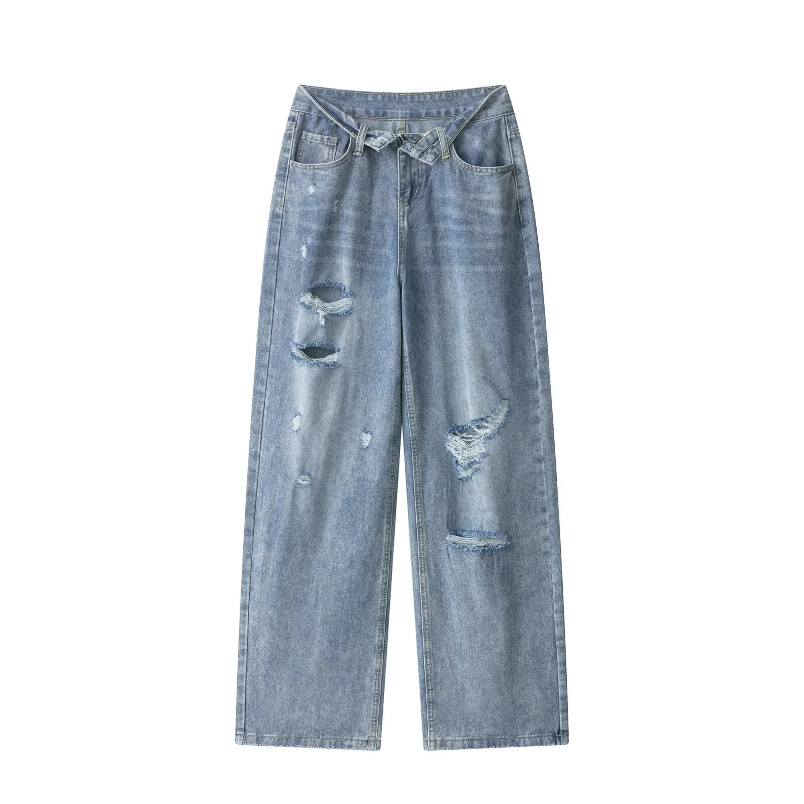 

Withered 2026 Spring New European And American Fashion Straight Tube Washed Hole Waist Loose Jeans