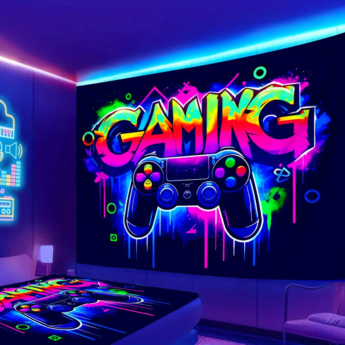 VIKAMA Fluorescent Graffiti GAMING Controller Tapestry Blacklight Reactive Gaming Room Wall Hanging for Bedroom Dorm Decor