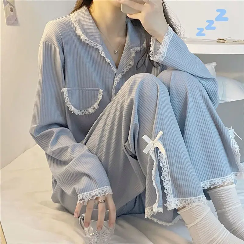 Pajama Sets Women Lace Sweet Home Daily Creativity Korean Style All-match Leisure Students Spring Vintage Comfort Charming New