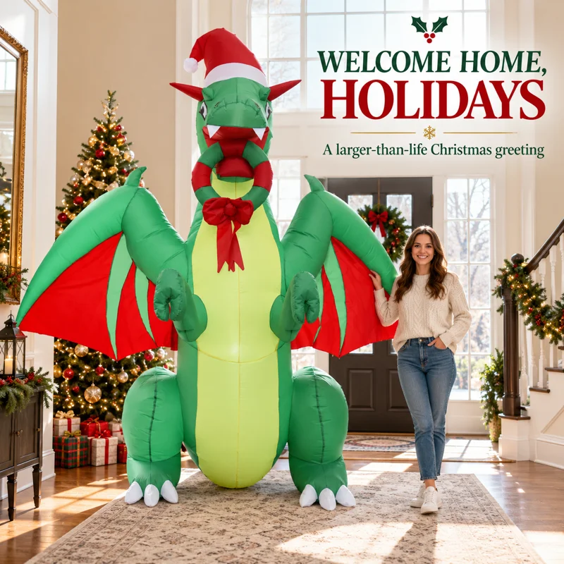 8FT Christmas Inflatable Dragon with Santa Hat Red Wings LED Lights Blow Up Dinosaur Outdoor Garden Yard Holiday Party Decor New