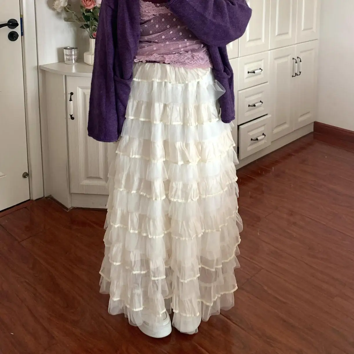 Retro Korean Multi-Layer Cake Skirt High Waist Slimming Puffy Half-Skirt Versatile Long Skirt Spring Summer New Arrival