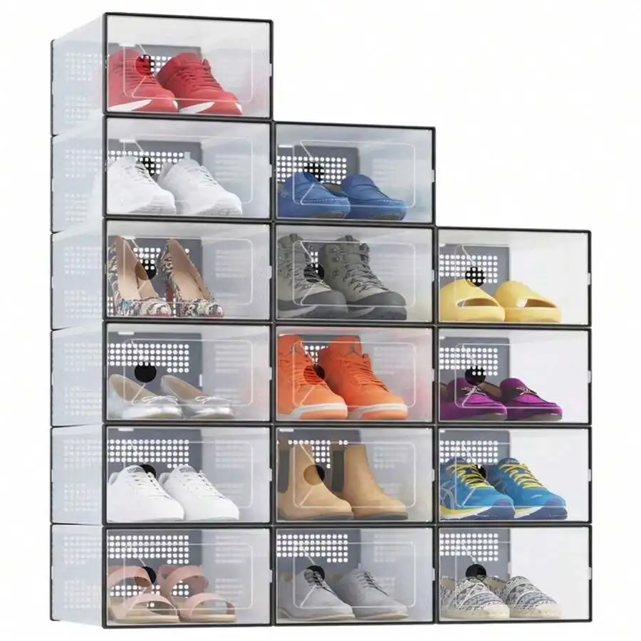 

15 Pack Stackable Clear Shoe Storage Boxes With Black Frame For Closet Bedroom Hallway