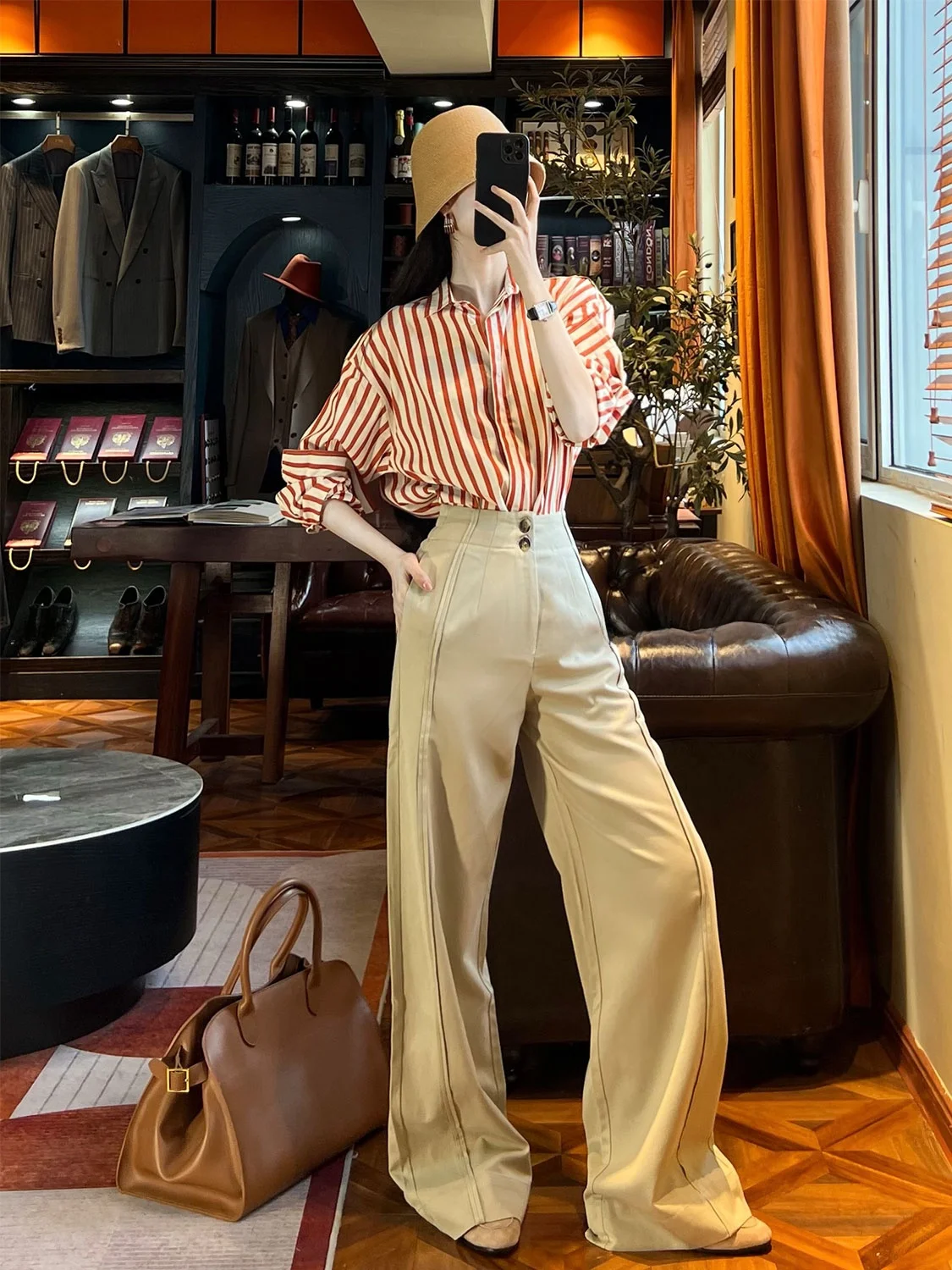 

Женские повседневные брюки JIANG Orange High-Branch из хлопка в полоску, свободного кроя, цвета хаки, весенние, модные, дышащие, тонкие